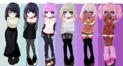 absurdres before_and_after bimbofication black_boots black_dress black_hair black_skirt black_thighhighs blonde_hair blue_eyes blue_hair boots commentary_request corruption dark-skinned_female dark_skin dress earrings expressionless eyelashes f0g_(rmuh7534) female fingernails fishnet_thighhighs fishnets ganguro glasses grey_sweater gyaru happy highres jewelry leg_tattoo leg_warmers long_fingernails long_hair looking_at_viewer makeup midriff multicolored_hair navel nipple_piercing off-shoulder_sweater off_shoulder original piercing pink_hair skirt smile solo standing streaked_hair sweater tattoo thigh_boots thighhighs twintails two-tone_hair v