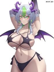 1girls alternate_version_at_source alternate_version_available arm_grab armpit armpit_crease armpit_fetish armpits arms_behind_head arms_up artist_name bikini bikini_bottom bikini_top blush breasts cleavage contrapposto cowboy_shot demon_horns demon_wings elbow_gloves female froot gigantic_breasts gloves grabbing_own_arm green_eyes green_hair grey_hair gyatboi hairclip horn_piercing horns hourglass_figure huge_breasts huge_thighs indie_virtual_youtuber large_breasts long_sidelocks looking_at_viewer midriff multicolored_hair navel pose posing race_queen seductive seductive_pose sexy_pose short_hair sideboob sidelocks simple_background slim_waist smile solo standing streaked_hair thick thick_legs thick_thighs thighs twitter_username underboob variant variant_set virtual_youtuber vtuber white_background wide_hips wings