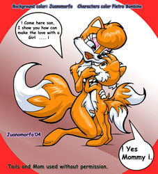 2004 anthro canine eye_contact female fox fur furry_tail juanomorfo kneeling looking_at_another male mammal multiple_tails nude size_difference sonic_(series) standing straight tagme tail tails text