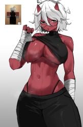 1girls 2d 2d_(artwork) 2d_artwork absurdres bandaged_arm bandages bare_shoulders black_eyes black_nails black_pants channyy19 clothes_lift colored_skin cone_horns crop_top digital_art digital_drawing digital_drawing_(artwork) digital_media digital_media_(artwork) drawing drawn female female_focus female_only female_torso g-string glasses highres horns jpeg jpg looking_at_viewer oni open_mouth pants red-skinned_female red_body red_skin reference_image roblox roblox_avatar robloxian shirt_lift short_hair short_white_hair skin-covered_horns solo solo_female solo_focus steam steaming_body steamy sweat sweating sweaty sweaty_body thong white_hair
