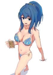 1girls female female_only pose posing busty big_breasts voluptuous alternate_hairstyle barefoot bikini blue_bikini blue_eyes blue_hair breasts cleavage feet food half-closed_eyes highres large_breasts legs looking_at_viewer make_heroine_ga_oo_sugiru! medium_hair navel noodles open_mouth ponytail side-tie_bikini_bottom smile solo swimsuit thighs tongue walking yanami_anna