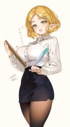 1girls big_breasts black_skirt blonde_hair breasts breath_of_the_wild cute_fang feather female female_only fully_clothed green_eyes hair_ornament hairclip large_breasts long_sleeves miniskirt nintendo office_lady pencil_skirt pointy_ears princess_zelda quill shuri_(84k) skirt solo source_request tagme tears_of_the_kingdom the_legend_of_zelda white_shirt zelda_(breath_of_the_wild) zelda_(tears_of_the_kingdom)