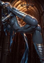 ai_generated boss_monster dancer_of_the_boreal_valley dark_skin dark_souls_3 fromsoftware full_split giantess pussy slim_waist standing_on_one_leg standing_split sweat