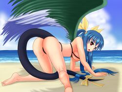 ass asymmetrical_wings barefoot beach bikini blue_hair blush bow breasts dizzy_(guilty_gear) feet guilty_gear hair_ribbon long_hair ocean open_mouth red_eyes ribbon shadow sideboob swimsuit tail tail_ribbon uizu wings wiz_(shadow)