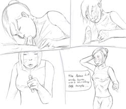 1boy 1girls assassin's_creed assassin's_creed_(series) blush comic cum cum_in_container cum_in_mouth cum_on_face desmond_miles english_text fellatio female greyscale human lucy_stillman male medium_penis monochrome oniontrain penis rough_sketch sketch spitting_cum straight test_tube