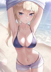 1girls armpits arms_up beach belly belly_button bikini blonde_hair blue_bikini blue_eyes blush breasts cleavage curvaceous curvy curvy_figure female female_only genshin_impact hi_res jean_gunnhildr large_breasts looking_at_viewer marinesnow micro_shorts open_fly ponytail shirt_lift shorts solo summer swimsuit undressing voluptuous