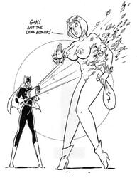 00s 2000s 2girls barbara_gordon batgirl batman_(series) breasts dc dc_comics female female_only females females_only humor joe_gravel leaf_blower monochrome nipples nude pamela_isley poison_ivy superheroine tagme tool tools wardrobe_malfunction