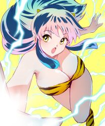 1girls alien alien_girl bandeau blue_hair cleavage cute dark_blue_hair electricity female female_only green_hair horns light-skinned_female light_skin long_hair lum multicolored_hair oni_female oni_girl open_mouth pink_hair ponytail rainbow_hair revealing_clothes snaggle_tooth spiky_hair tagme teenager tiger_girl tiger_print urusei_yatsura yellow_background yellow_eyes yutaka_tanaka