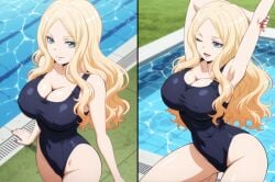 irina_jelavic assassination_classroom ai_generated swimsuit_pull highleg_swimsuit highleg one-piece_swimsuit big_breasts blonde_hair happy pool