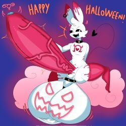 anthro balls big_balls big_penis collar demon english_text genitals halloween heart_symbol hi_res holidays huge_balls huge_cock lagomorph leporid lok_bunny lokbunny17 male mammal omega_symbol penis rabbit red_penis solo spade_tail tail text vein veiny_penis white_body white_eyes