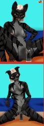 1 absurd_res anthro bed blackreaper blackreaper_bk201 cage duo extreme_size_difference felid female fur furniture genitals hi_res khajiit licking licking_lips living_sex_toy macro macro/micro macro_female male mammal micro micro_male microsoft nude page_(disambiguation) penetration red_eyes riding schnurrt_beim_knuddeln simple_background size_difference smile striped_body striped_fur stripes the_elder_scrolls tongue tongue_out unbirthing vaginal_penetration vore vulva