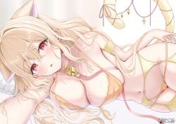 1girl absurdres animal_ear_fluff animal_ears artist_logo artist_name bare_arms bare_shoulders blonde_hair blush bra breasts cat_ears cat_girl cat_tail cleavage collar commentary cross crossed_bangs diamond_(shape) earrings female female_only furrowed_brow garter_straps groin hair_between_eyes hair_intakes hair_spread_out heart-shaped_lock highres jewelry large_breasts leash logo long_hair looking_at_viewer lying mole mole_on_breast navel on_side open_mouth orange_bra orange_panties original outstretched_arm panties pillow pink_collar pink_ribbon reaching reaching_towards_viewer red_eyes ribbon sideboob sidelocks simple_background solo stomach strap_pull string_panties tail tail_ornament underwear uni_ikura very_long_hair white_background