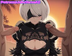 2b_(nier:automata) 2boys ai_generated beach black_blindfold black_dress black_hairband blindfold breasts cleavage cleavage_cutout closed_mouth clothing_cutout covered_eyes dress erection female hairband juliet_sleeves large_breasts long_sleeves meitabuu mole mole_under_mouth multiple_boys nier nier:_automata nier_(series) ocean outdoors penis puffy_sleeves short_hair smile solo_focus straight sunset testicles uncensored upper_body veins veiny_penis white_hair yorha_2b