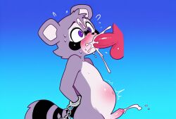 ai_generated arms_behind_back balls blue_background blush blush_lines bodily_fluids concerned cross-eyed cross_eyed cuffs cum cum_filled cum_filled_belly cum_leaking cumflation cumshot cumshot_in_mouth erection fellatio fur gay genital_fluids genitals gradient_background gray_fur handcuffs huge_cumshot leaking_cum male male/male multiple_outlines nude oral oral_penetration oral_sex penile penis rambley rambley_(indigo_park) rambley_raccoon restrained restraints sweat sweatdrop sweating sweaty tail two-tone_fur white_outline wide-eyed