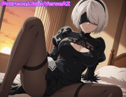 2b_(nier:automata) ai_generated bed bed_sheet black_blindfold black_dress black_gloves black_hairband blindfold breasts cleavage cleavage_cutout clothing_cutout covered_eyes covered_nipples dress female gloves hairband indoors juliet_sleeves large_breasts long_sleeves meitabuu mole mole_under_mouth nier nier:_automata nier_(series) on_bed pantyhose parted_lips puffy_sleeves short_hair sitting solo spread_legs white_hair yorha_2b