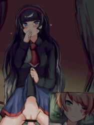 black_hair blonde-haired_male blonde_hair blonde_male blush blush_lines blushing censor_bar censored censored_pussy english english_dialogue english_text fanganronpa female female_focus glasses green_eyes hand_over_mouth hand_over_own_mouth maitsu_damon male male/female multicolored_hair nerd nerdy nerdy_female ombre_hair one_eye_closed project:_eden's_garden riding riding_penis skirt skirt_lift sleepy somnophilia tired tsunaka_eva vagina vaginal vaginal_penetration vaginal_sex wake_up wake_up_sex white_hair woken_up