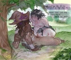 azure_(forsaken) big_clitoris bottom_growth clitoris cultist cuntboy cuntboy_only dialogue forest_background forest_sex forsaken_(roblox) gay half-closed_eyes half-dressed hand_on_another's_shoulder intersex legs_spread nonbinary nonbinary_(lore) outdoors outside scars small_breasts sosyaloh sweating t4t trans_man tree two_time_(forsaken) wet_pussy