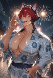 1boy 2026 abs ai_generated big_breasts big_chest big_moobs big_pecs black_hair fireworks happy_new_year happy_new_year_2026 hyper hyper_breasts hyper_chest hyper_moobs hyper_pecs komano_manato lollipop looking_at_viewer male male_only multicolored_hair muscular muscular_body muscular_male newyear night night_sky nipples nipples_visible_through_clothing red_eyes red_hair sweat sweatdrop sweating sweaty tight_clothing ventvert4 yukata zenless_zone_zero