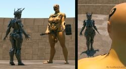 3d adeptus12 arena armor armored_female armour ass claws dat_ass fight futa_only futanari gruntress height_difference helmet human naked nude orc plate_armor princess_ezi size_difference tattooed_female tattoos tattoos_everywhere war_hammer