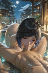 1boy 1girls 2025 2d abs ai_generated aistuffo ass bath bent_over blowjob dark_hair earrings fellatio genshin_impact laying legs makeup male mixed_hair_color muscular_male night night_sky nude penis penis_in_mouth short_hair straight sucking sucking_penis uncensored village water yelan_(genshin_impact)