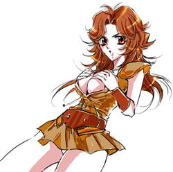 1girls 2010 breasts brown_hair cleavage female hokuto_no_ken holding human large_breasts light-skinned_female light_skin long_hair looking_at_viewer lowres mamiya_(hokuto_no_ken) orange_eyes panties pantyshot shounen_jump sideboob skirt solo underwear zenkaiten777