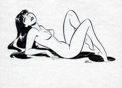 artist_signature black_and_white breasts bruce_timm crossed_legs dark_hair female female_only full_body human light_skin long_hair looking_aside looking_at_viewer monochrome nipples nude parted_lips pointy_chin pose pubic_hair reclining side_view simple_background small_breasts solo vampirella white_background