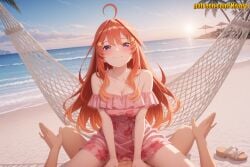 1boy 1girl ahoge ai_generated bare_shoulders beach blue_eyes blue_sky blush breasts cleavage closed_mouth cloud collarbone cowgirl_position day double-parted_bangs dress floral_print girl_on_top go-toubun_no_hanayome hair_between_eyes hair_ornament hammock hetero itsuki_nakano large_breasts lens_flare long_hair looking_at_viewer nakano_itsuki nivora nude ocean off-shoulder_dress off_shoulder orange_hair outdoors palm_tree pink_dress pov red_hair sand sandals shore sitting sky smile solo solo_focus star_(symbol) star_hair_ornament straddling sun sunset tree very_long_hair water