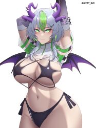 1girls alternate_version_at_source alternate_version_available arm_grab armpit armpit_crease armpit_fetish armpits arms_behind_head arms_up artist_name bikini bikini_bottom bikini_top blush breasts cleavage contrapposto covered_armpit cowboy_shot demon_horns demon_wings elbow_gloves female froot gigantic_breasts gloves grabbing_own_arm green_eyes green_hair grey_hair gyatboi hairclip horn_piercing horns hourglass_figure huge_breasts huge_thighs indie_virtual_youtuber jacket large_breasts long_sidelocks looking_at_viewer midriff multicolored_hair navel pose posing race_queen seductive seductive_pose see-through see-through_clothing sexy_pose short_hair short_sleeves sideboob sidelocks simple_background slim_waist smile solo standing streaked_hair thick thick_legs thick_thighs thighs twitter_username underboob variant variant_set virtual_youtuber vtuber white_background wide_hips wings