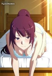 ai_generated all_fours anime anime_style bakemonogatari barefoot bed blue_eyes blush bra breasts cleavage closed_mouth female hanging_breasts hentai hi_res indoors long_hair looking_at_viewer medium_breasts monogatari_(series) mystic_maidens on_bed panties patreon ponytail purple_hair senjougahara_hitagi sidelocks solo sunlight underwear underwear_only white_bra white_panties
