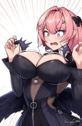 1girl belt big_breasts black_dress black_wings bouncing_breasts breasts bursting_breasts cheongdal cleavage colored_nails commentary_request constricted_pupils dress emphasis_lines hands_up highres inconvenient_boobs inconvenient_breasts large_breasts light_blush long_nails looking_at_own_breasts looking_down looking_down_at_breasts looking_down_at_self low_neckline open_mouth painted_nails pink_eyes pink_hair pink_nails pointy_ears ramiel_(zenless_zone_zero) remielle_dan signature simple_background solo straining_clothing surprised sweatdrop tight_clothes tight_clothing too_tight undersized_clothes undersized_clothing upper_body wardrobe_malfunction white_background wings zenless_zone_zero zipper zipper_dress zipper_pull_tab