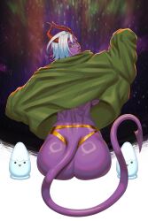 1girls anal ass buttplug horns huge_buttplug layssandra_(r62) looking_at_viewer looking_back original purple_skin r62 signature sitting sitting_on_buttplug solo sweater tail tiefling variant_set white_hair yellow_eyes
