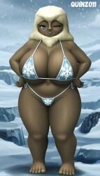 1girls 3d ai ai_assisted ai_generated artist_logo artist_name belly_button big_breasts bikini blinking blue_eyes bluesky_link breasts breasts_bigger_than_head chubby chubby_female dark-skinned_female dark_skin female female_focus female_only green_nail_polish green_nails hands_on_hips ice looking_at_viewer milf mommy navel nintendo one_eye_closed open_mouth quinzo11 self_upload snow snowflake_print snowing standing standing_female teeth_visible the_legend_of_zelda the_legend_of_zelda:_twilight_princess twilight_princess yeta yeti yeti_girl
