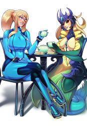 2girls anthro beauty_mark big_breasts black_sclera blonde_hair blue_eyes bodysuit busty chair cleavage commission crack_pairing crossover crossover_pairing crossover_ship crossover_shipping crown eastern_and_western_character female female_only food human interspecies league_of_legends long_hair marai merfolk mermaid metroid monster_girl nami_(league_of_legends) nrg_98 ponytail red_eyes samus_aran sandwich sandwiches seat seated shiny_clothes sitting split_form table tea thick_thighs tight_clothing zero_suit zero_suit_samus