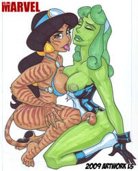 2009 aladdin aladdin_(1992_disney_film) aurora_(sleeping_beauty) cosplay crossover disney disney_princess female green_skin lord_santiago marvel marvel_comics multiple_girls nipples princess princess_jasmine royalty she-hulk_(cosplay) sleeping_beauty_(1959_film) species_transformation straight_hair tigra_(cosplay) transformation what yuri