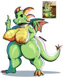 3_toes 5_fingers absurd_res angry anthro ass big_breasts big_butt big_nipples black_sclera breasts brown_nipples claws clenched_teeth collar collar_only curvy_figure dragon escape_from_ever_after european_mythology feet female fingers front_view frown gesture green_body green_scales grey_collar hand_gesture hi_res horn hourglass_figure huge_breasts huge_nipples humanoid_hands middle_finger multi_horn mythological_creature mythological_scalie mythology nekochanoff nipples nude scales scalie simple_background solo spiked_tail spikes spikes_(anatomy) tail teeth thick_thighs tinder_(escape_from_ever_after) toe_claws toes western_dragon white_background white_eyes wide_hips yellow_body yellow_claws yellow_horn yellow_scales