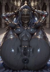 ai_generated anus ass boss_monster dancer_of_the_boreal_valley dark_skin dark_souls_3 faceless_character fromsoftware giantess legs_behind_head pussy sweat