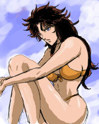 1girls bikini blue_eyes breasts brown_hair curvaceous female hokuto_no_ken human large_breasts light-skinned_female light_skin long_hair lowres mamiya_(hokuto_no_ken) patsuki shounen_jump sitting solo swimsuit