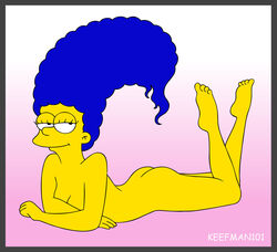 4_fingers 4_toes ass blue_hair border color covering covering_breasts crossed_arms curly_hair female female_only flat_colors full_body gradient_background grey_border huge_eyes human long_hair lying marge_simpson matt_groening_(style) nude on_front pose smile solo the_simpsons toony yellow_skin