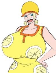 1girls alternate_breast_size big_breasts blonde_hair blonde_hair_female breasts breasts_bigger_than_head bulging_breasts colored_sketch colorized curvy female female_only front_view hand_on_hip headwear human human_female jaggy_lines lemon lemon_earrings light-skinned_female light_skin mature mature_female mikita_(one_piece) momiji_(artist) one_piece sketch solo solo_female solo_focus standing upper_body upper_body_only wrist_on_hip yellow_clothing yellow_dress yellow_earrings yellow_theme