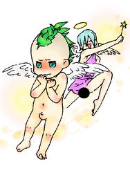 1boy 1girls ^_^ angel_wings bare_legs bare_shoulders censored character_request dance_dance_revolution flaccid_penis full_body gradient_background green_eyes green_hair gus magic_wand simple_background small_penis smile tagme wings zero