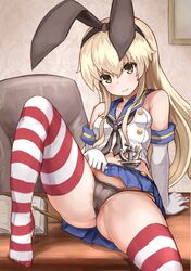 1girls black_panties female female_only hair kantai_collection okitsugu shimakaze_(kantai_collection) small_breasts spread_legs striped_legwear thong