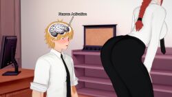 1boy 1girls ass ass_awe ass_focus ass_visible_through_thighs big_ass big_butt blonde_hair chainsaw_man denji_(chainsaw_man) devil female huge_ass koikatsu makima_(chainsaw_man) male meme meme_reference neuron_activation_(meme) red_hair text_bubble