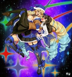 2girls asian asian_female astraea_(fate) blue_eyes blush boots breast_grab breasts brown_hair cleavage drill_hair embarrassed fate/grand_order fate/stay_night fate_(series) female female/female female_only garter_straps hat hi_res huge_breasts jadenkaiba leg_hold long_hair looking_at_viewer looking_down looking_up luviagelita_edelfelt miniskirt multiple_girls open_mouth school_uniform skirt sky star thick_thighs tied_hair tohsaka_rin twintails very_long_hair yellow_eyes yellow_hair yuri