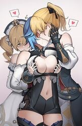 3girls ark_john_up barbara_(genshin_impact) black_ribbon blonde_hair blue_eyes blue_hair breast_grab breasts closed_eyes closed_mouth eula_(genshin_impact) eyebrows_visible_through_hair female_only fff_threesome gauntlets genshin_impact grabbing grabbing_from_behind group_sex hair_ribbon hat heart jean_gunnhildr kissing large_breasts looking_at_another multiple_girls navel nun pink_background ribbon saliva shimaidon short_hair simple_background sisters smile spoken_heart threesome twintails yuri