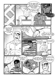 bara blowjob boner bulge cliff_(pokemon) comic erection flaccid gay gym_leader human interracial lt_surge lupin_barnabi male/male male_only melanin monochrome nintendo pierced_genitals piercing pokemon thong uncolored veiny_penis