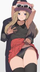 1boy 1girls black_panties blue_eyes blush bow_panties breast_grab breast_squeeze breasts cute embarrassed female glasses glasses_on_head groping hat high_resolution human medium_breasts nintendo panties pokemon pokemon_xy serena_(pokemon) serena_(pokemon_games) skirt spring2013 standing thick_thighs thighhighs young