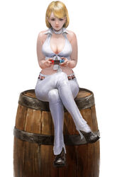 1girls 9chan alternate_costume ashley_graham ashley_graham_(brooke_elizabeth_mathieson) bare_shoulders barrel belt big_breasts black_boots blonde_hair boots breasts brown_eyes capcom choker cleavage console crossed_legs eyebrows eyebrows_visible_through_hair female female_focus female_only full_body hair high_resolution highres holding_object legs lips looking_at_viewer nintendo_switch official_alternate_costume on_barrel pants playing_videogame resident_evil resident_evil_4 shiny_hair shiny_skin shirt short_hair simple_background sitting sitting_on_barrel sleeveless sleeveless_shirt solo solo_female solo_focus thick_thighs thighs tied_shirt tight_clothing tight_pants very_high_resolution video_game white_background white_choker white_pants white_shirt wide_hips