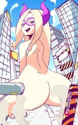 1girls animated ass big_butt blonde_hair bubble_butt diives fake_horns giant giant_ass giantess horns human mount_lady my_hero_academia nude nude_female pussy red_eyes yuu_takeyama