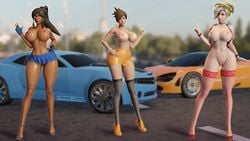 3d 3girls areolae big_breasts blender breasts dark-skinned_female dark_skin female female_only hourglass_figure large_breasts mercy nipples no_sunglasses open_toe_shoes overwatch pharah pussy race_queen shadowboxer tracer