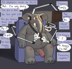 anthro blue_balls brainwashing chair chubby_male daddy_kink daddyfication elephant elephantid foreskin furniture genitals half-erect headphones hypnosis male male_only mammal mind_break mind_control monitor necktie penis personality_change proboscidean smoking_pipe solo spiral_eyes